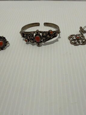 Vintage Silver Mediterranean Filigree Coral Set Cuff Bracelet Earrings Ring 925